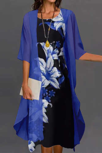 Floral Print Midi Dresses 2pcs Mesh Coat Set