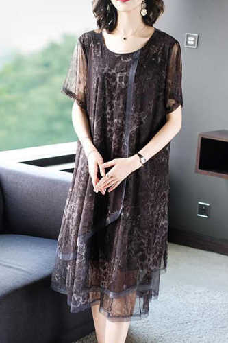 Short Sleeve Print Multi-Layered Midi Dress