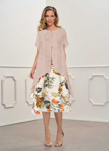 Round Neck Short Sleeve Floral Print Linen Midi Dresses