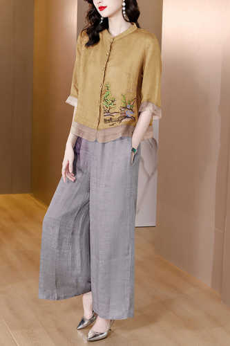 Embroidery Stand Collar Button Wide Leg Pants Set