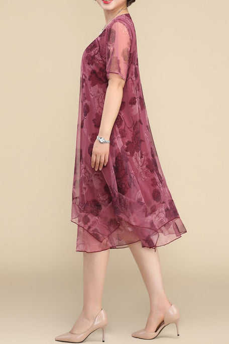 Short Sleeve Floral Multi-Layered Midi Dress