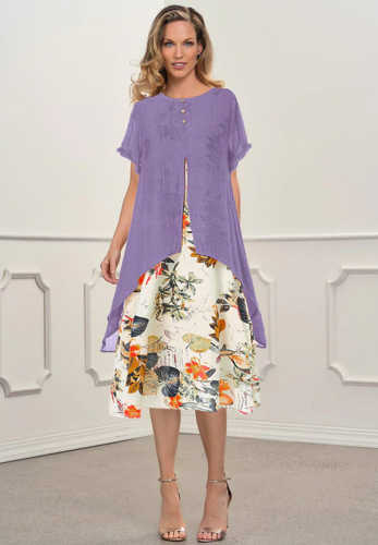 Round Neck Short Sleeve Floral Print Linen Midi Dresses