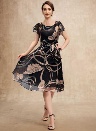 Printed Short Sleeve Chiffon Midi Dresses-Black