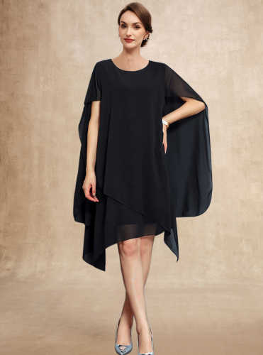 Round Neck Short Sleeve Cape Chiffon Midi Dresses