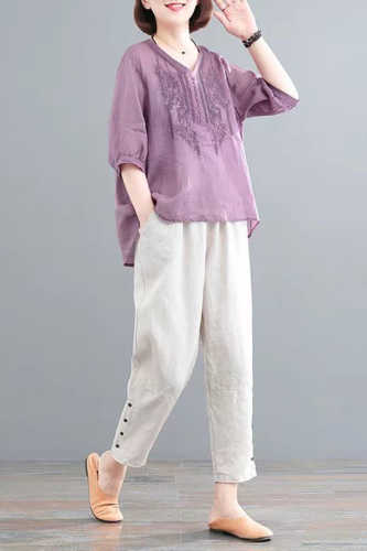 V Neck Embroidery Puff Sleeve Button Pants Set