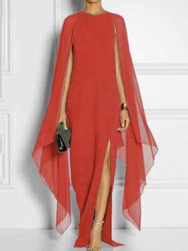 Solid chiffon cape sleeve slit dress