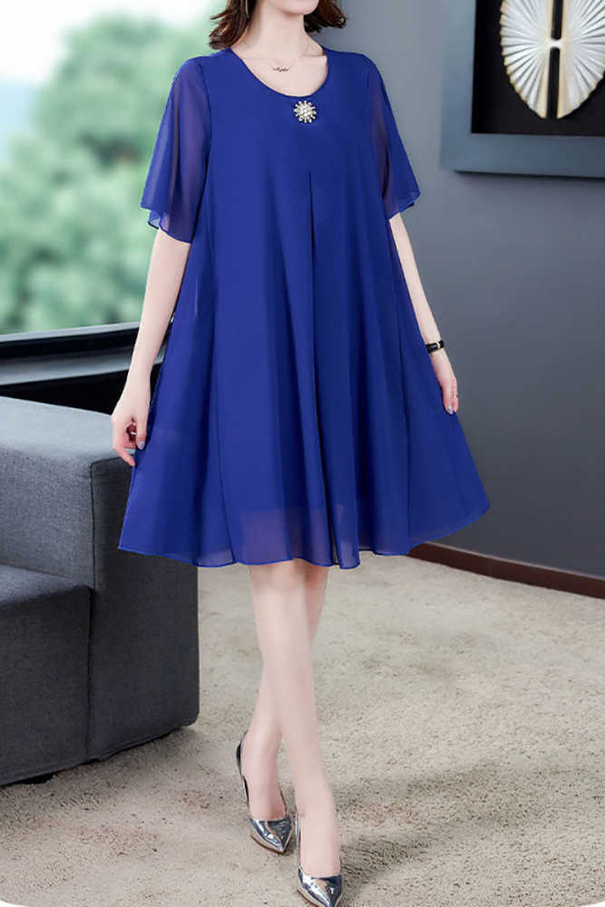 Double Layer Sheer Pearl Brooch Flowy Midi Dresses