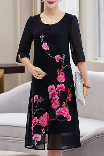 Half Sleeve Chiffon Floral Print Midi Dresses