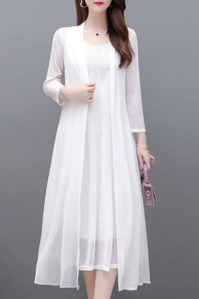 Solid Mesh 3/4 Sleeve Two-Piece Midi Dresses