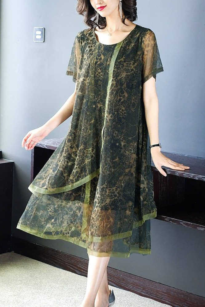 Short Sleeve Print Multi-Layered Midi Dress