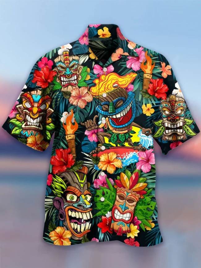 Men's Hawaiian Style TIKI Print Casual Short Sleeve Shirt
