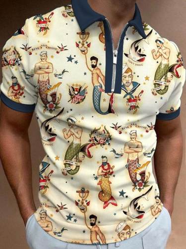 Men's Vintage Mermaid Print Polo Shirt