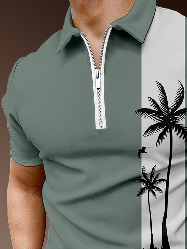 Resort Hawaiian Coconut Tree and Stripe Pattern Lapel Short Sleeve Polo Print Top
