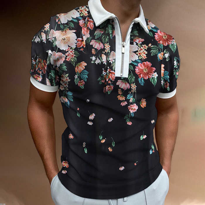 Designer Floral Zip-up Short Sleeve Polo Shirt