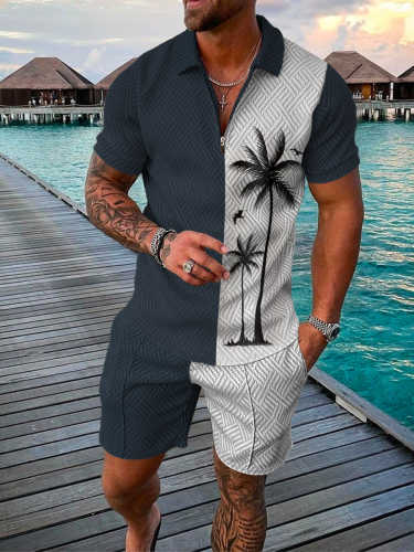 Men's Coconut Tree Printed Gray Blue Polo Suit