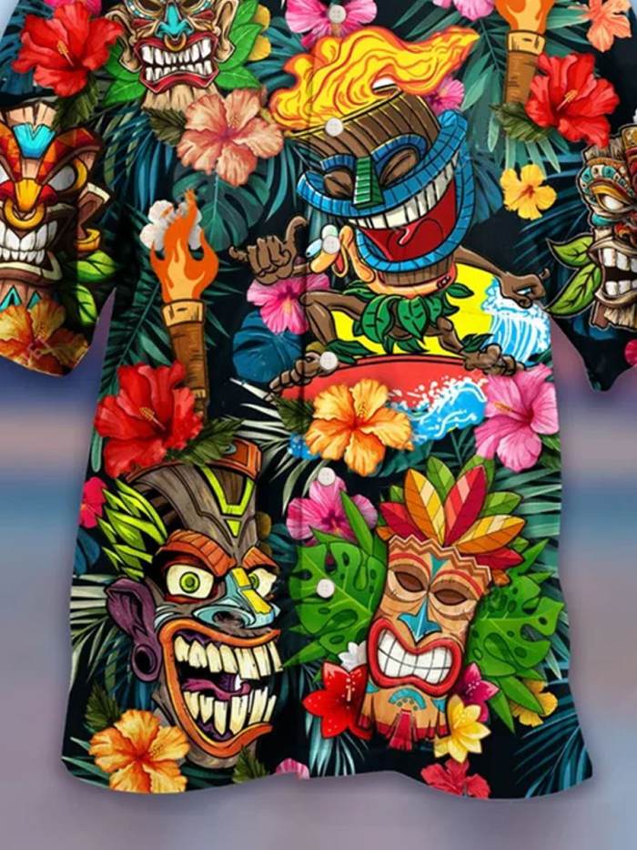 Men's Hawaiian Style TIKI Print Casual Short Sleeve Shirt