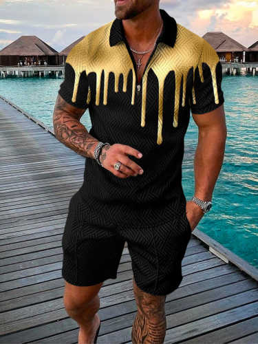 Men's Vacation Style Golden Printing Polo Suit