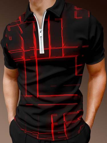 Casual Art Series Abstract Gradient 3D Line Element Pattern Lapel Short Sleeve Polo Print Top