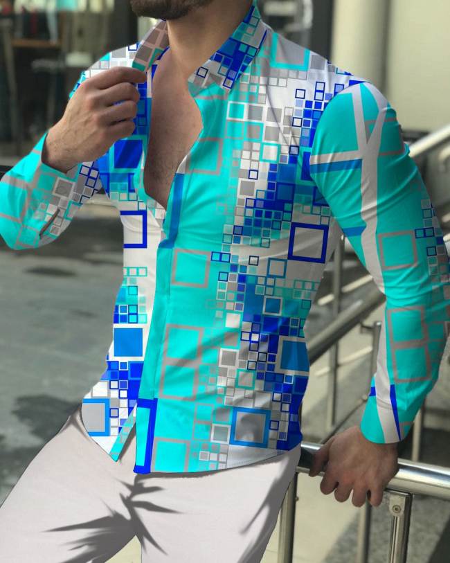 Men's Casual Check Print Long Sleeve Lapel Shirt