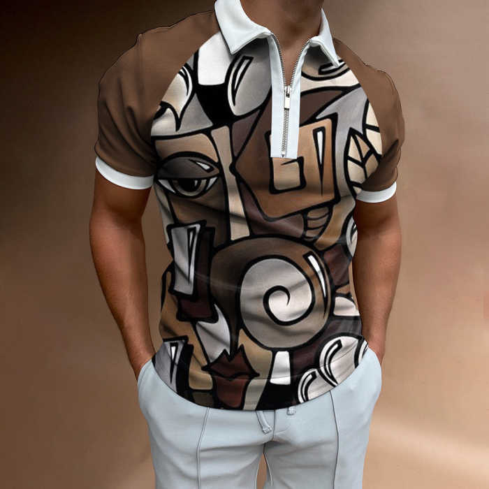 Men's Casual Abstract Pattern Print Short Sleeve Zipper Polo Shirt