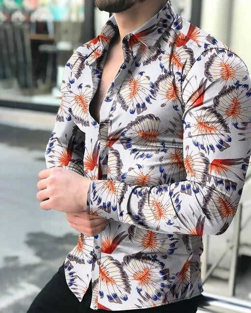 Floral print lapel collar long sleeve shirt