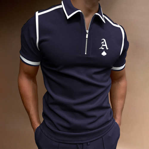 Men's Casual Ace Of Spades Print Color Matching Short Sleeve Zipper Polo Shirt