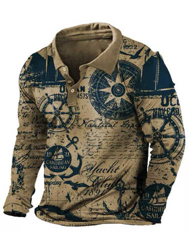Men's Undersea Anchor Print Long Sleeve Polo Shirt