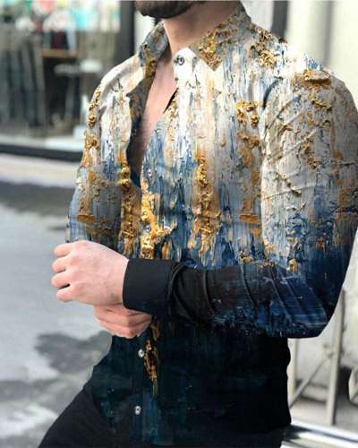 Men's Casual Art Print Long Sleeve Lapel Shirt
