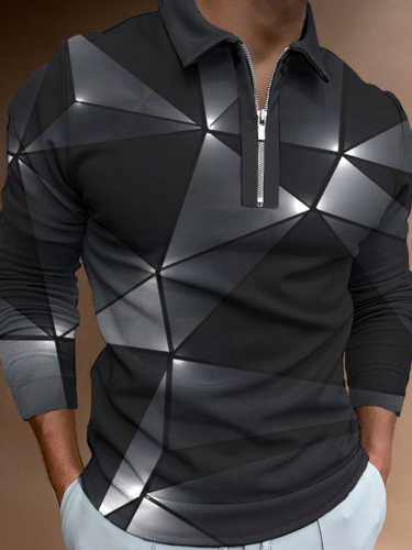 Men's Casual Printed Long Sleeve Polo Shirt