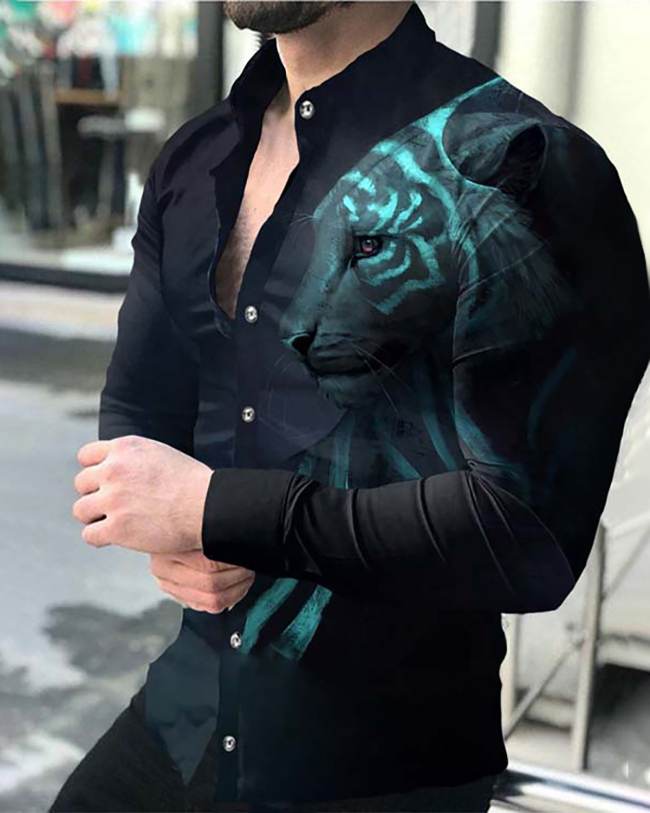 Men's Casual Printed Black Long Sleeve Lapel Shirt