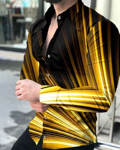 Men's Casual Gold Stripe Printed Lapel Long Sleeve Shirt