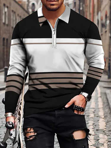 Men's Striped Geometric Collar Casual Everyday Zip Print Long Sleeve T-Shirt