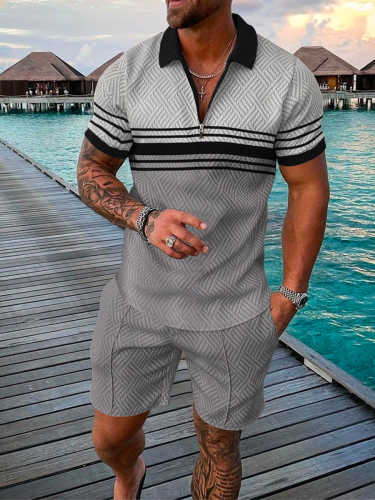Men's Gray Striped Printed Casual Polo Suit