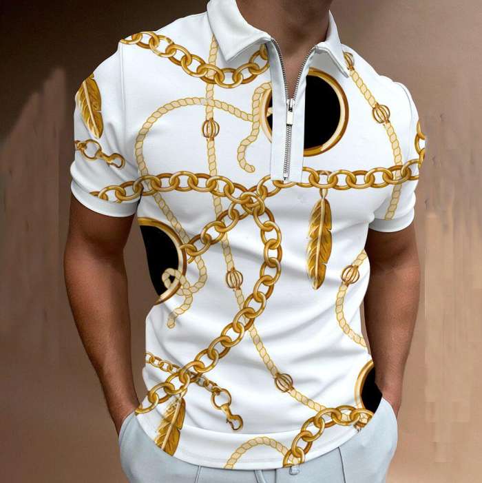 Chain Pattern Design Printed Zip-up Short Sleeve Polo Shirt