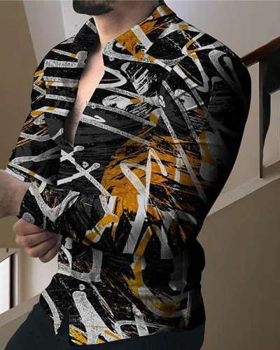 Men's Printed Long Sleeve Lapel Shirt