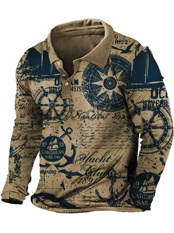 Men's Undersea Anchor Print Long Sleeve Polo Shirt