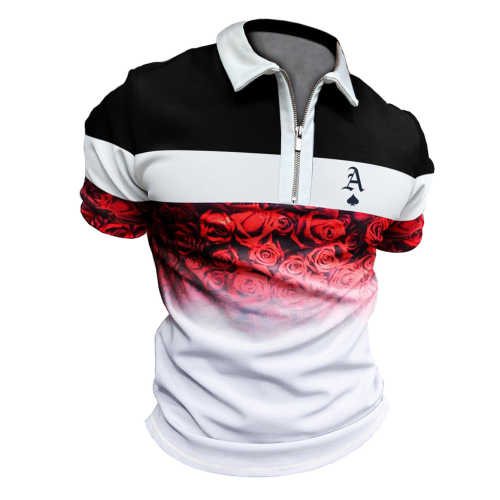Men's Casual Gradient Rose Print Color Matching Short Sleeve Zipper Polo Shirt Ace Print Sport PoLo Neck T-Shirt