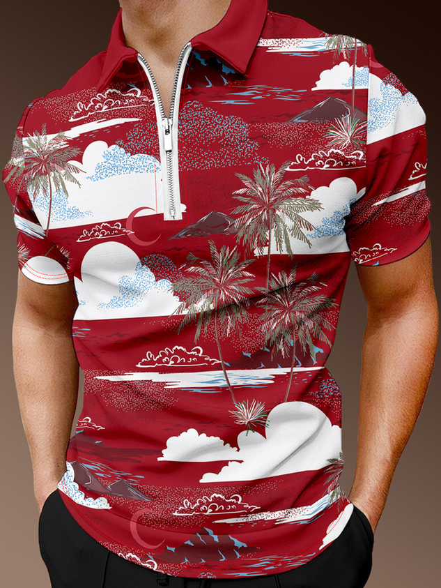 Resort Style Hawaii Series Leaves Coconut Tree Elements Lapel Short-Sleeved Polo Print Top