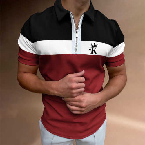 Men's Casual King Print Color Matching Short Sleeve Zipper Polo Shirt