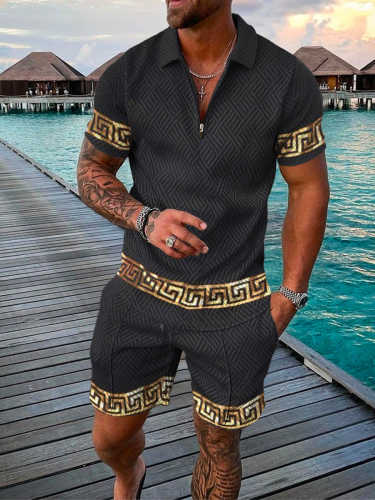 Men's Holiday Gold Retro Printed Polo Suit