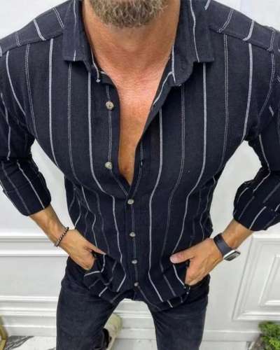 Men's Casual Stripe Printed Long Sleeve Shirt