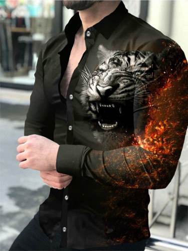Men's Casual Lion Printed Long Sleeve Shirt