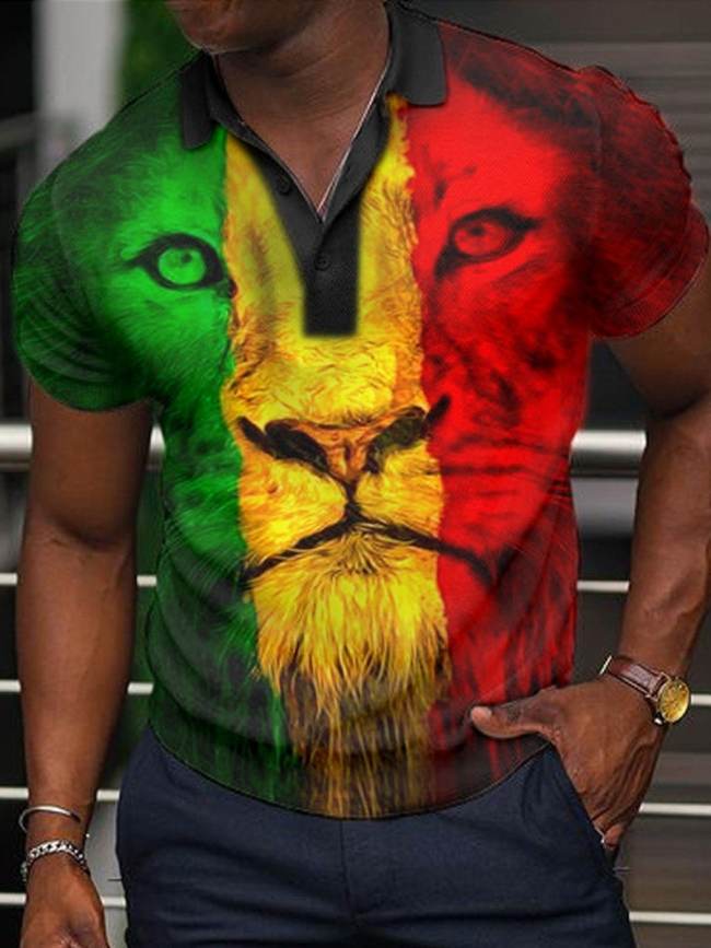 Men's Lion Print Short Sleeve Polo Shirt