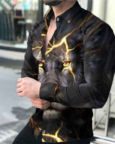 Men's Casual Printed Long Sleeve Lapel Shirt