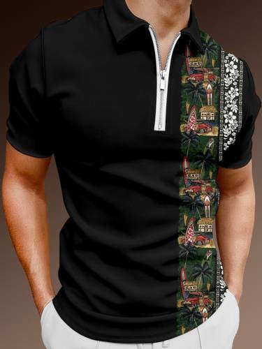 Resort-Style Hawaiian Collection Of Botanical Flowers And Car Elements Pattern Lapel Short-Sleeved Polo Print Top