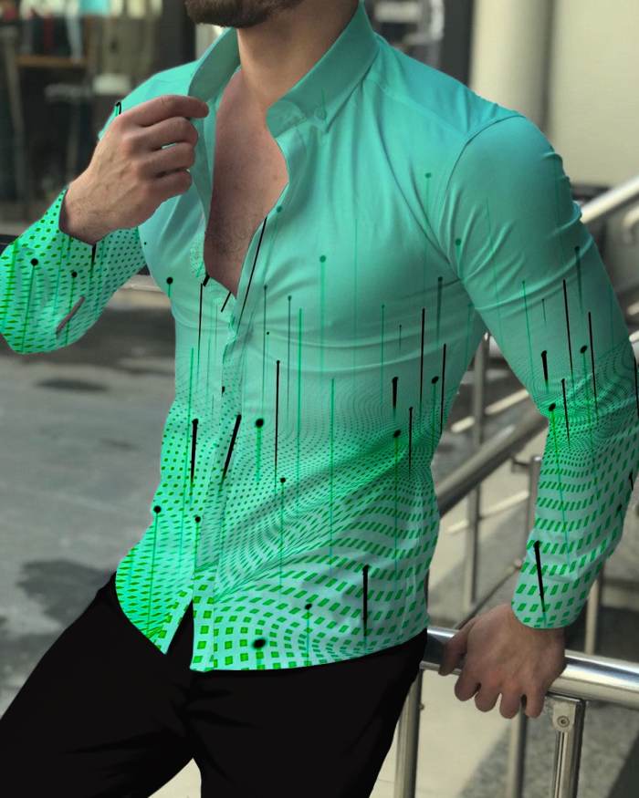 Men's Casual  Check Stripe Print Long Sleeve Lapel Shirt