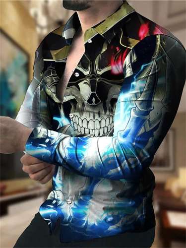 Men's Personality Print Long Sleeve Lapel Shirt