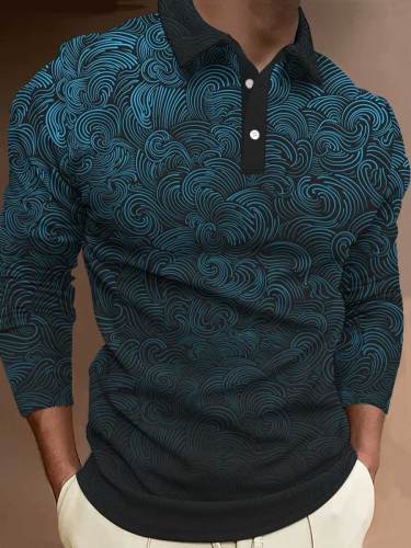Men's Casual Printed Long Sleeve Button Polo Shirt