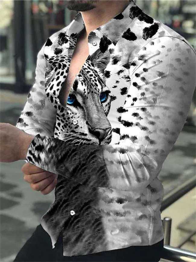 Men's Personality Tiger Print Long Sleeve Lapel Shirt