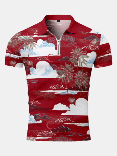 Resort Style Hawaii Series Leaves Coconut Tree Elements Lapel Short-Sleeved Polo Print Top
